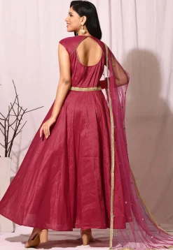 Embroidered Art Silk Abaya Style Suit in Red