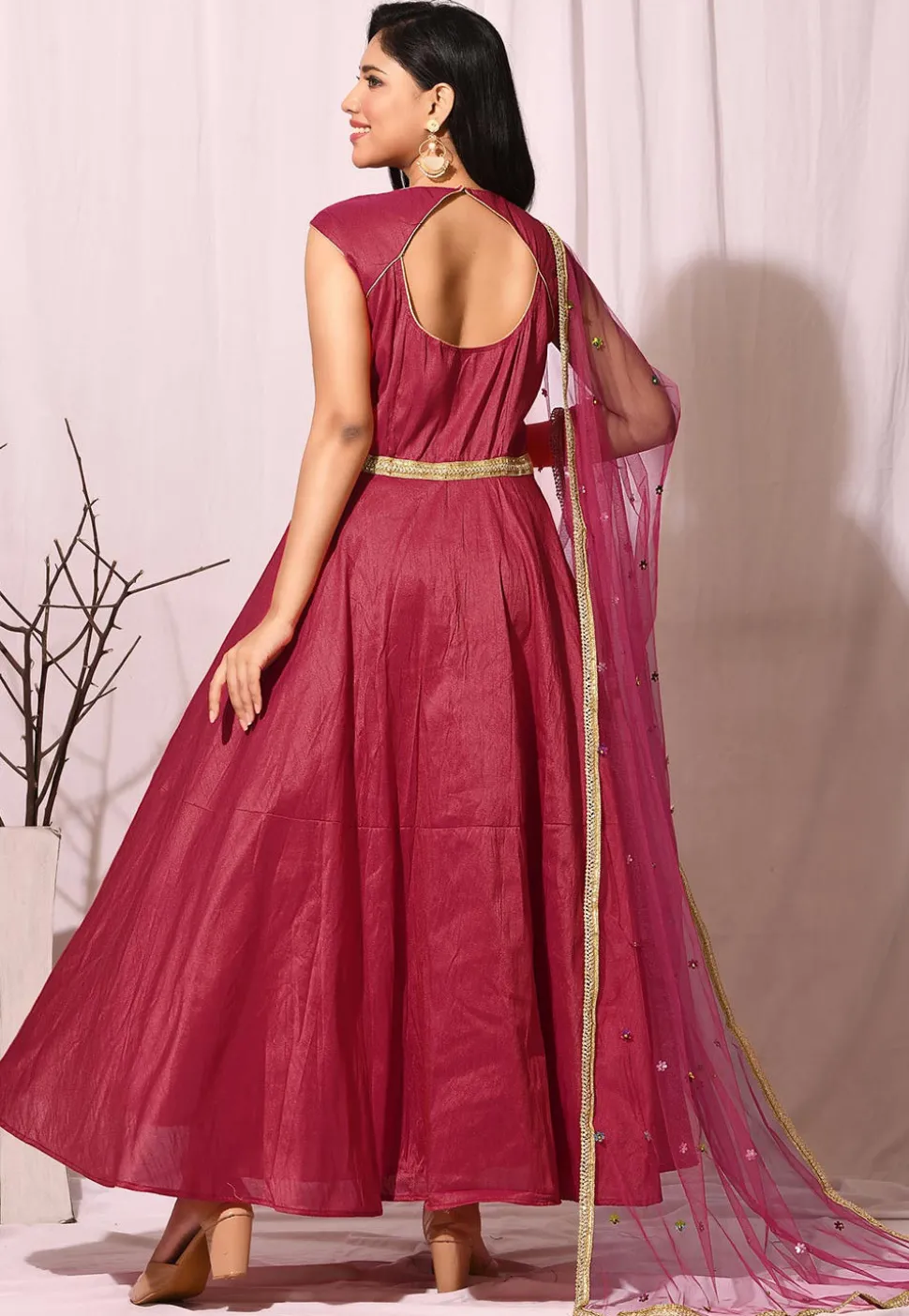 Embroidered Art Silk Abaya Style Suit in Red