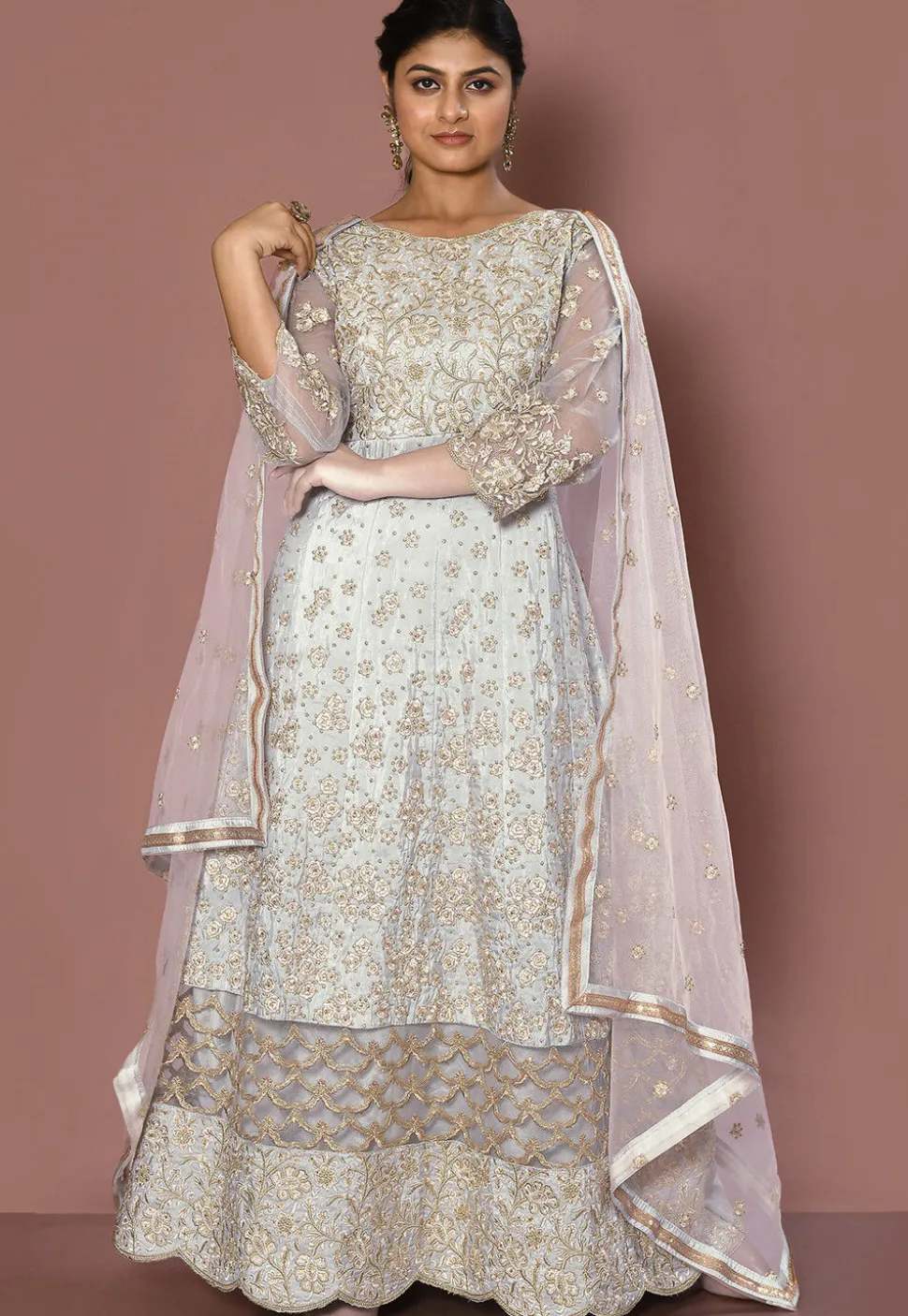 Embroidered Art Silk Abaya Style Suit in Light Grey