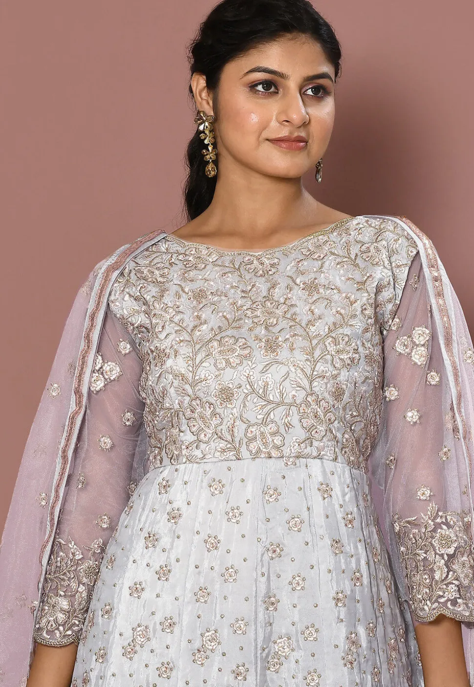 Embroidered Art Silk Abaya Style Suit in Light Grey