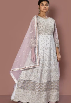 Embroidered Art Silk Abaya Style Suit in Light Grey