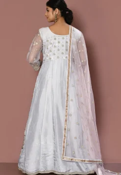 Embroidered Art Silk Abaya Style Suit in Light Grey