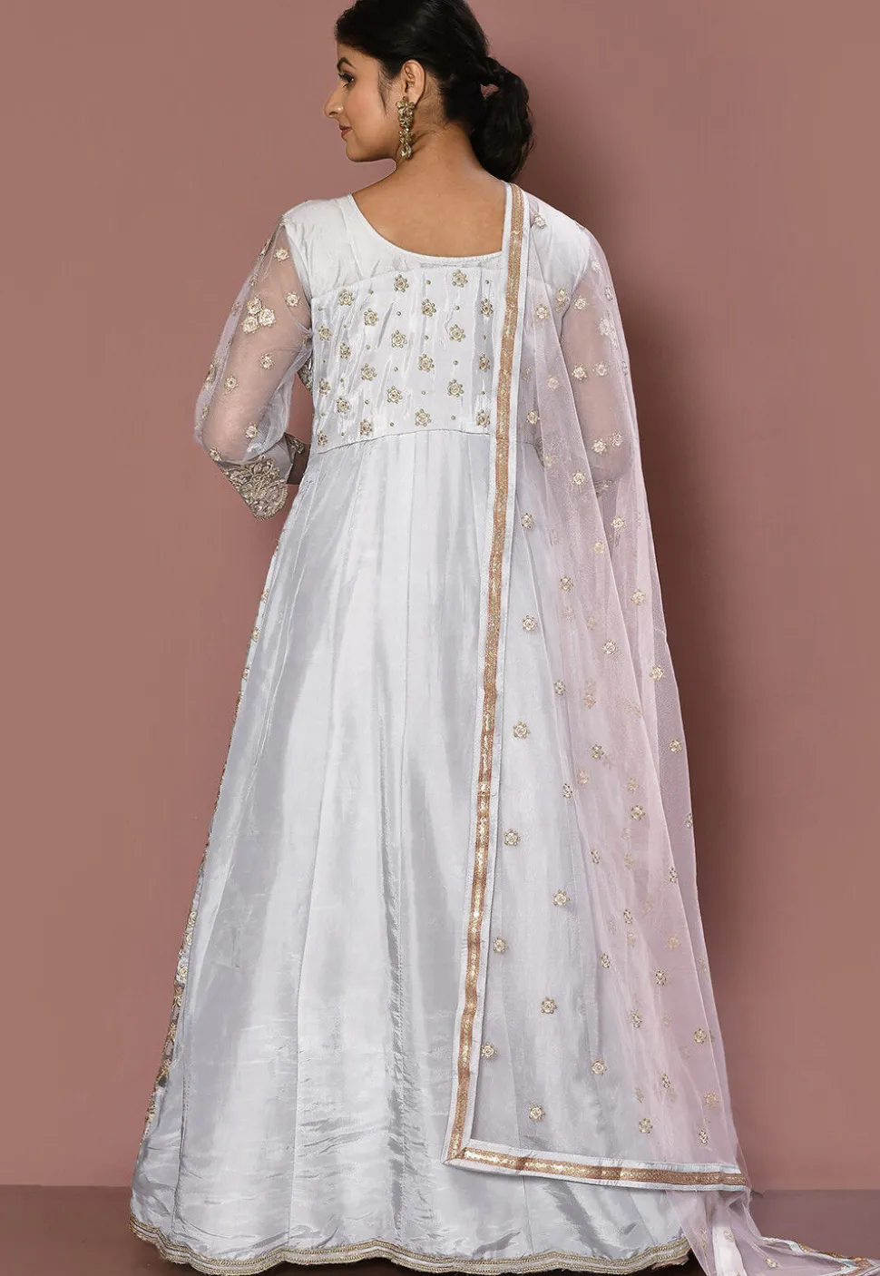 Embroidered Art Silk Abaya Style Suit in Light Grey