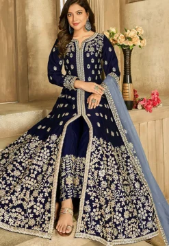 Embroidered Art Silk Abaya Style Suit in Navy Blue