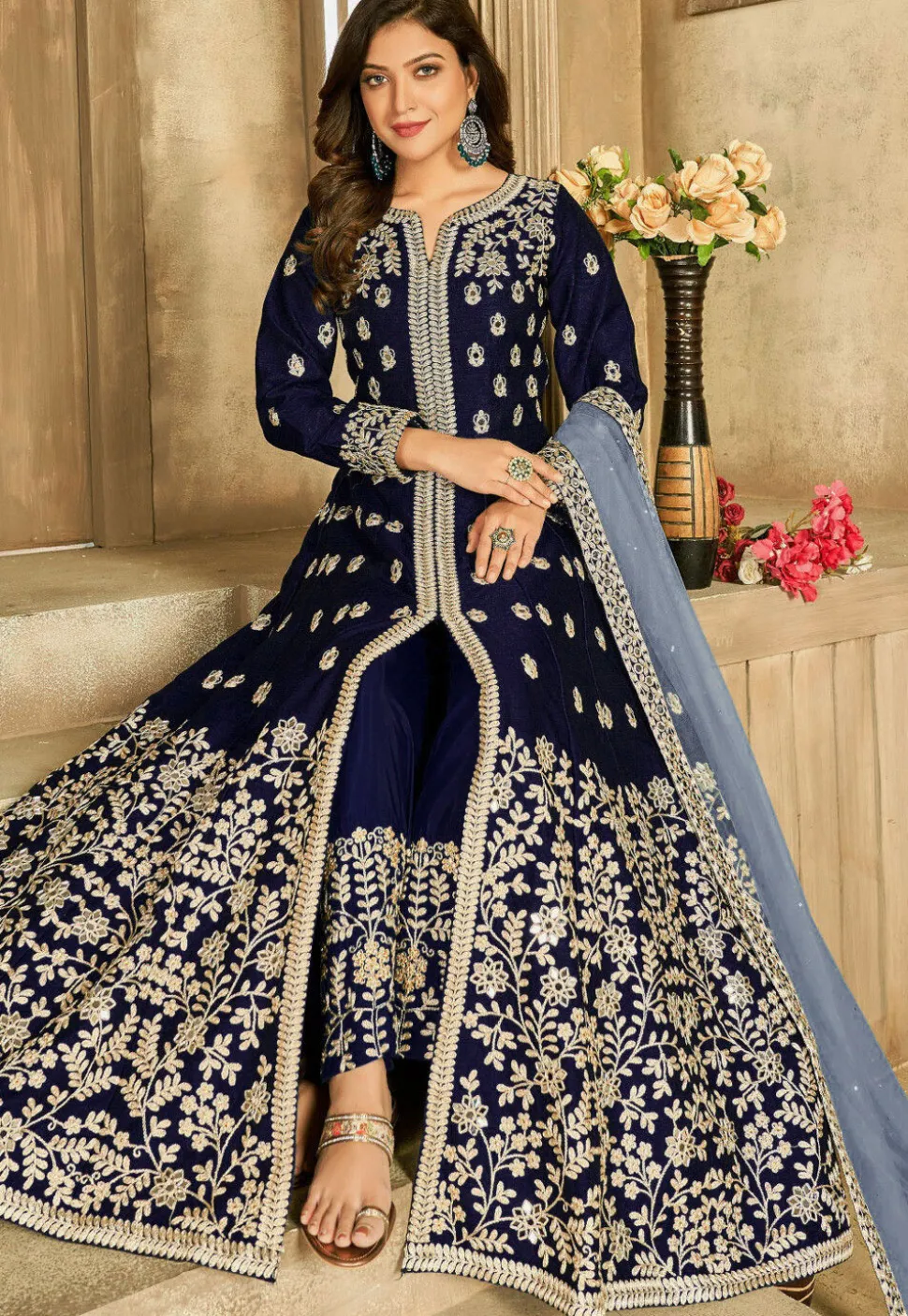 Embroidered Art Silk Abaya Style Suit in Navy Blue