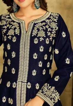 Embroidered Art Silk Abaya Style Suit in Navy Blue