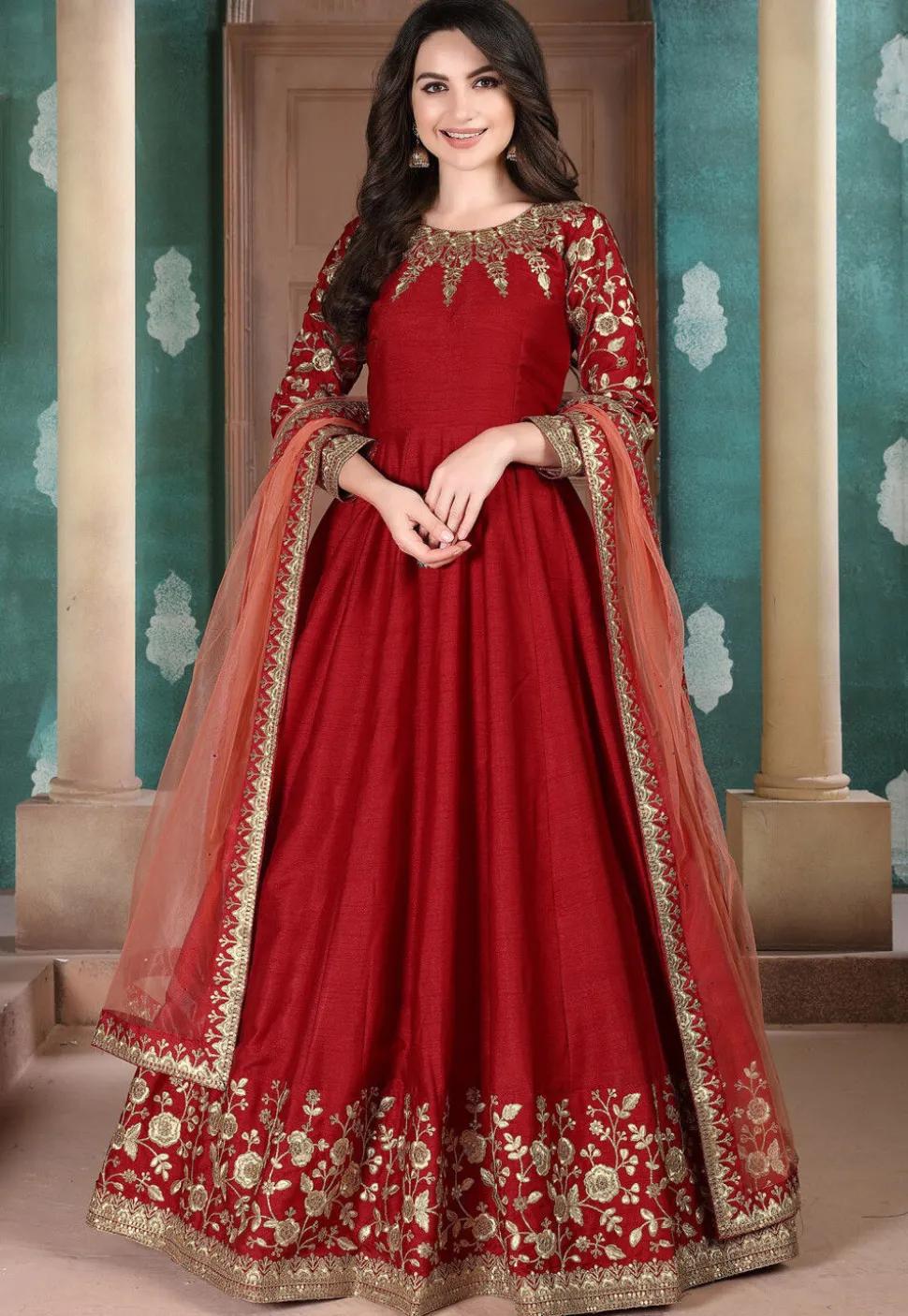 Embroidered Art Silk Abaya Style Suit in Red