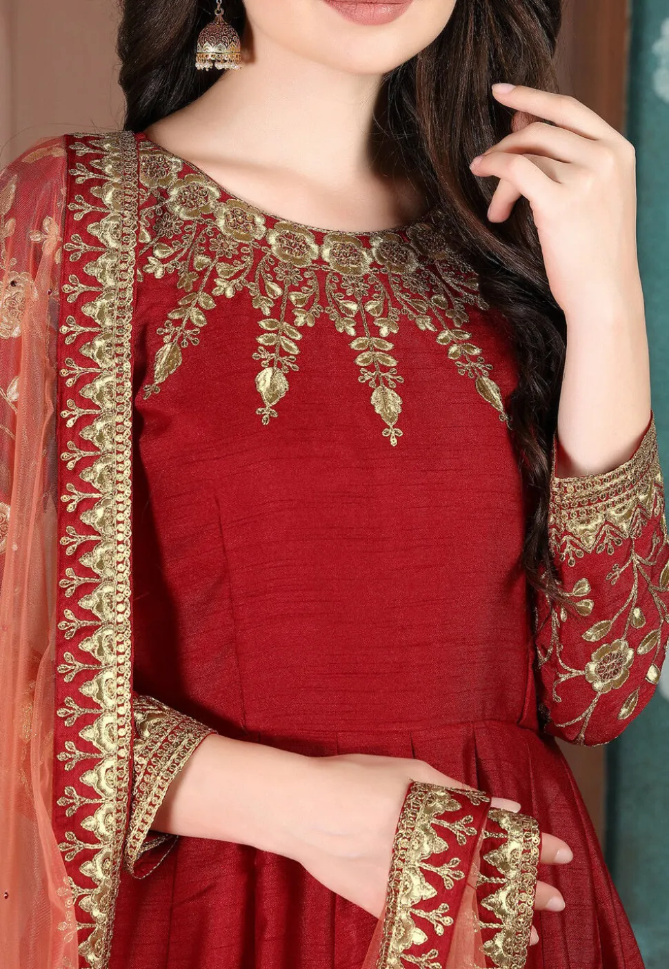 Embroidered Art Silk Abaya Style Suit in Red