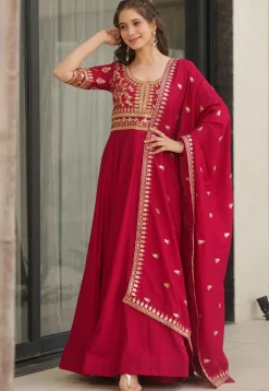 Embroidered Art Silk Abaya Style Suit in Fuchsia