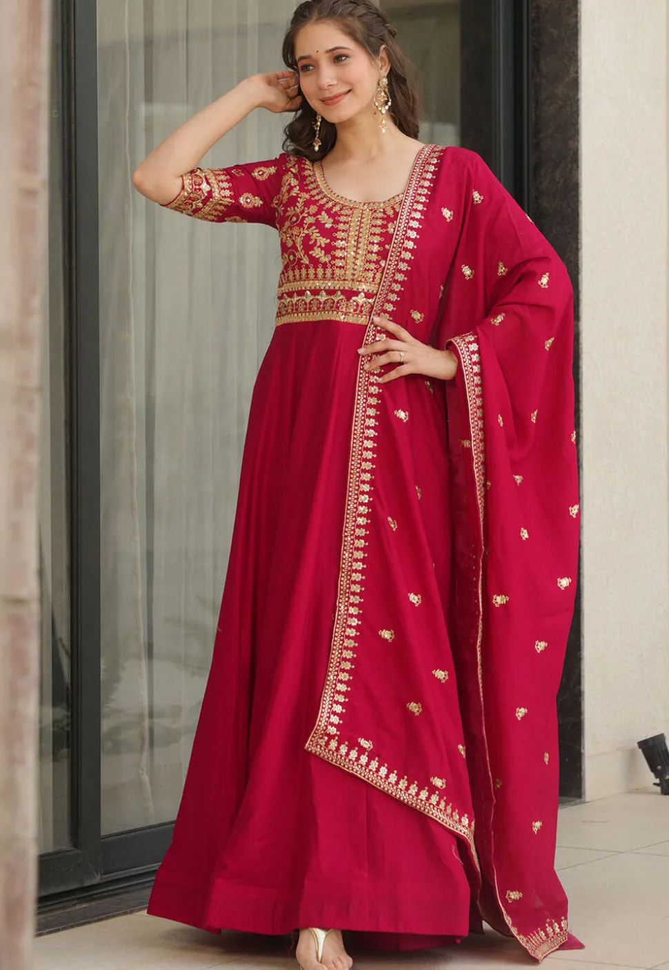 Embroidered Art Silk Abaya Style Suit in Fuchsia