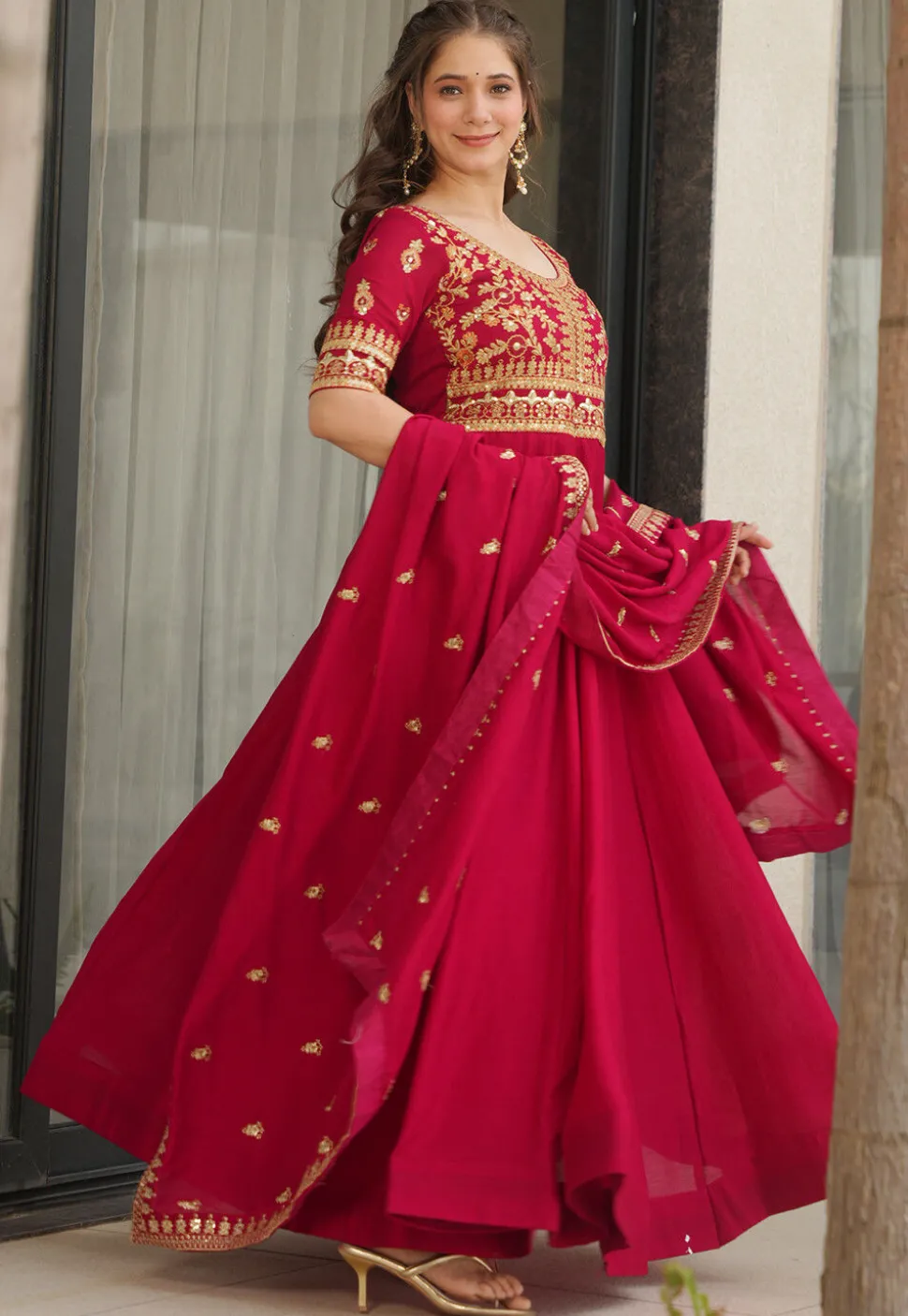 Embroidered Art Silk Abaya Style Suit in Fuchsia