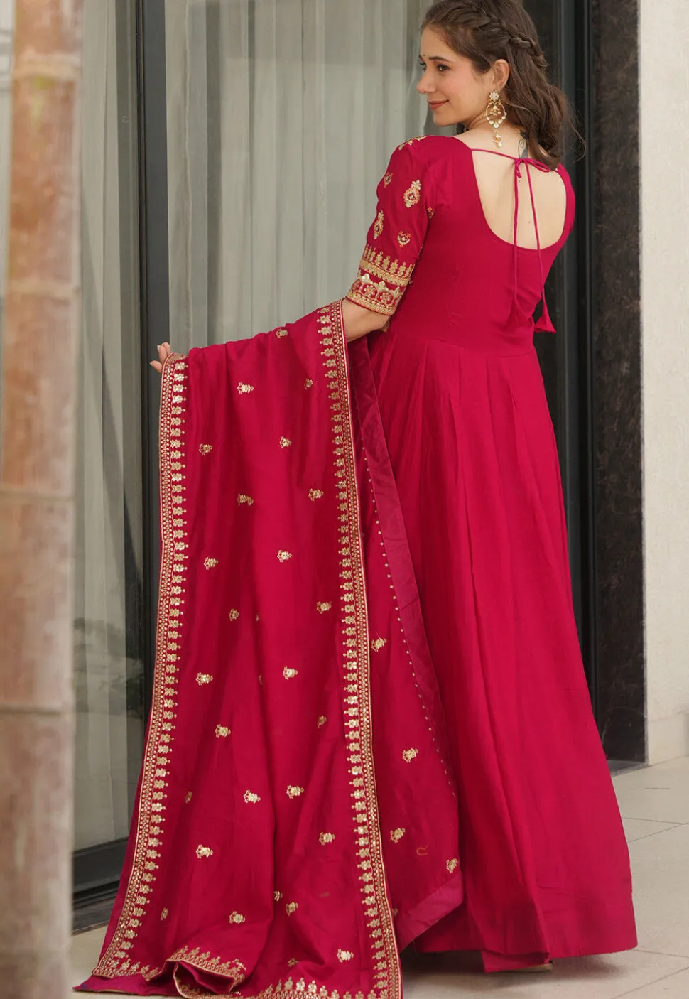 Embroidered Art Silk Abaya Style Suit in Fuchsia