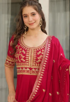 Embroidered Art Silk Abaya Style Suit in Fuchsia