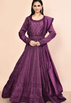 Embroidered Art Silk Abaya Style Suit in Dark Purple