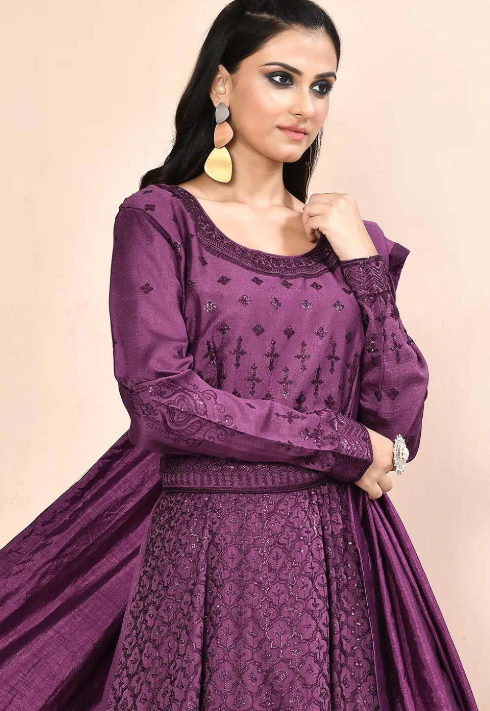 Embroidered Art Silk Abaya Style Suit in Dark Purple