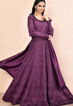 Embroidered Art Silk Abaya Style Suit in Dark Purple