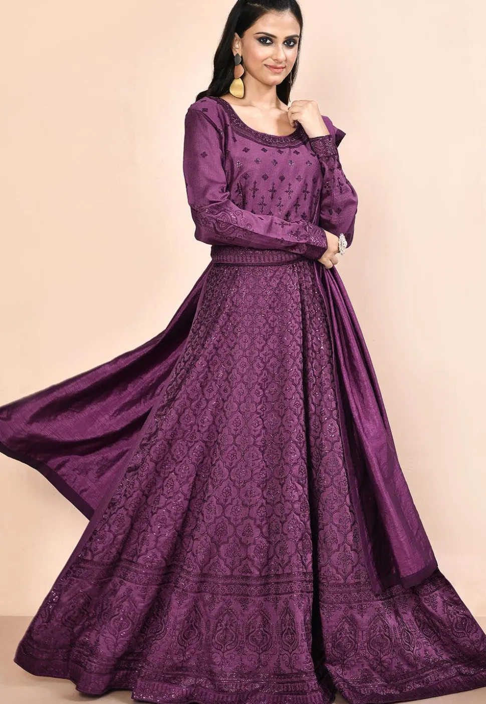 Embroidered Art Silk Abaya Style Suit in Dark Purple
