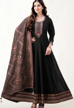 Embroidered Art Silk Abaya Style Suit in Black