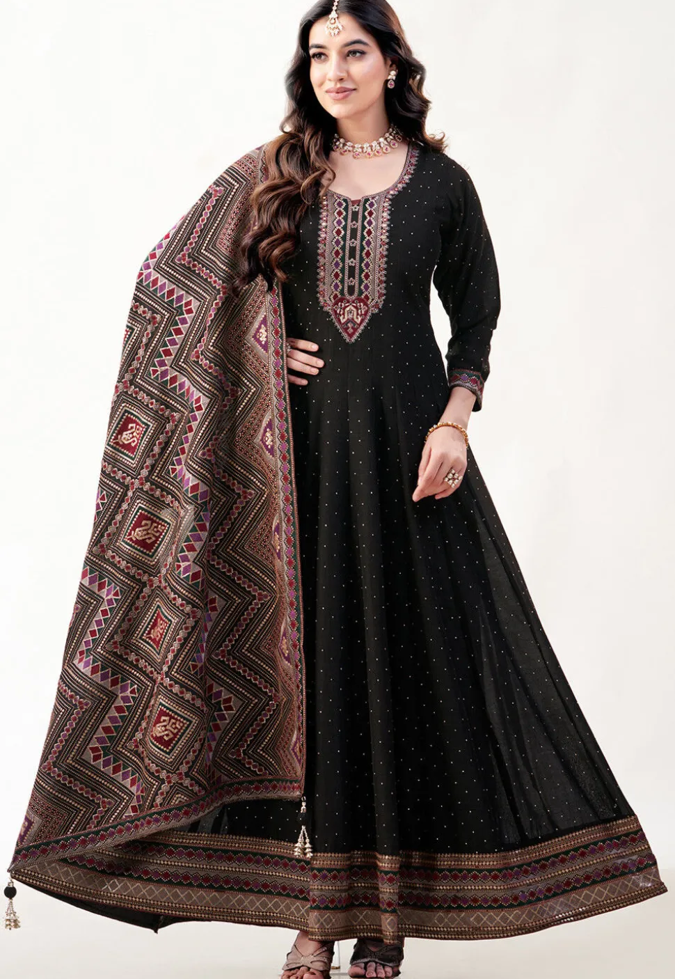 Embroidered Art Silk Abaya Style Suit in Black