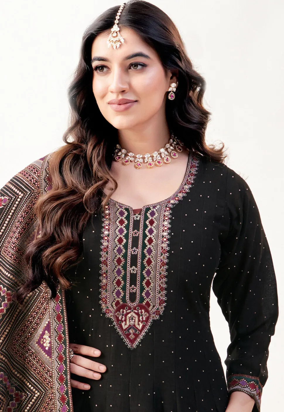 Embroidered Art Silk Abaya Style Suit in Black
