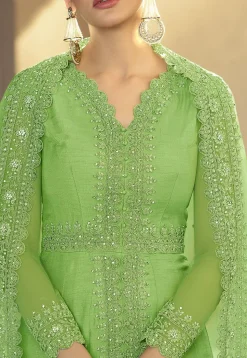 Embroidered Art Silk Abaya Style Suit in Pastel Green