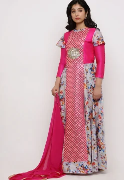 Embroidered Art Silk Abaya Style Suit in Grey and Fuchsia