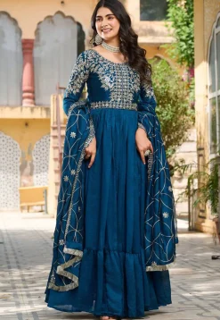 Embroidered Art Silk Abaya Style Suit in Teal Blue