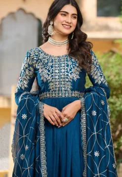 Embroidered Art Silk Abaya Style Suit in Teal Blue