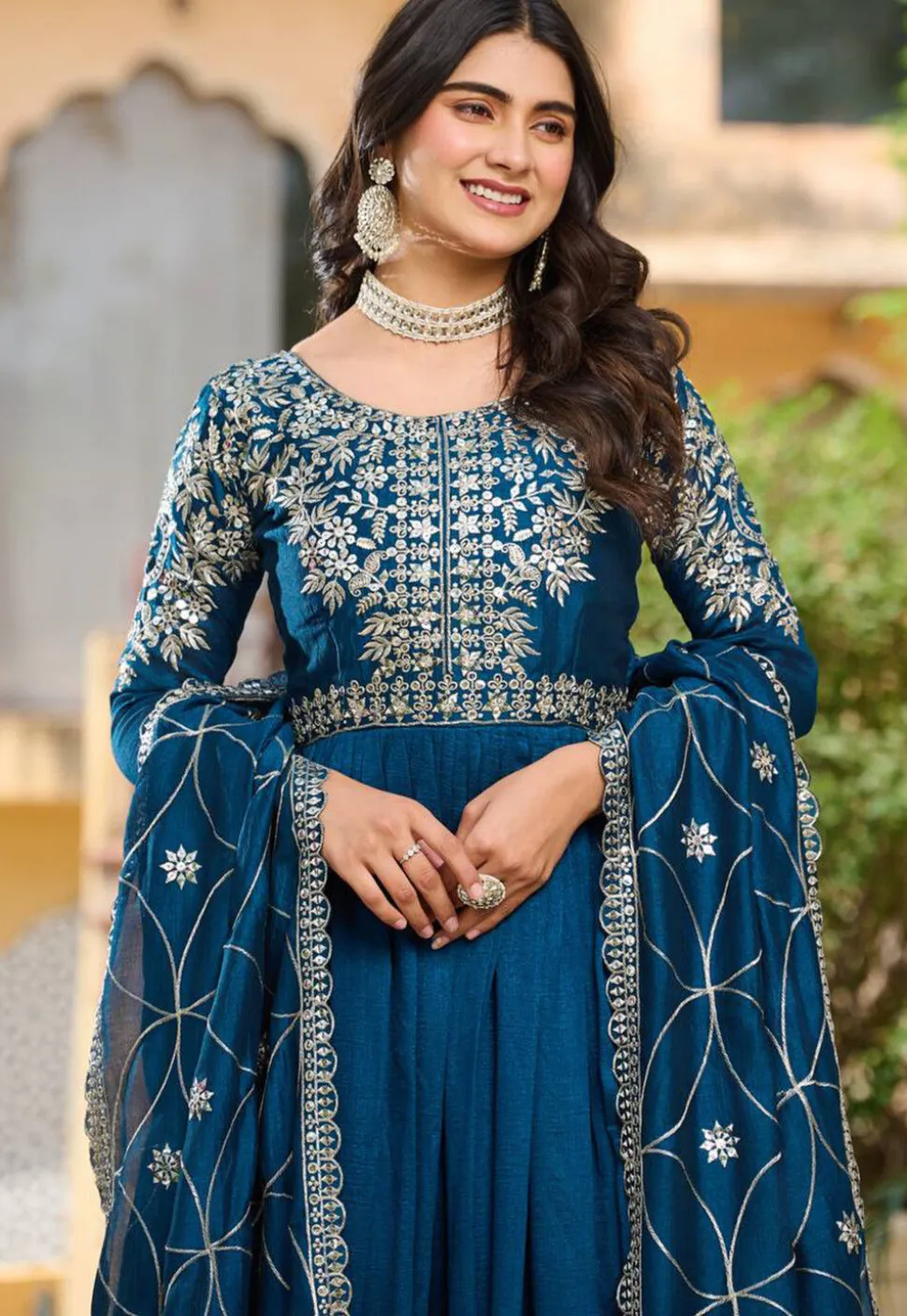 Embroidered Art Silk Abaya Style Suit in Teal Blue