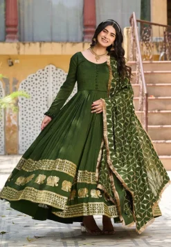 Embroidered Art Silk Abaya Style Suit in Olive Green