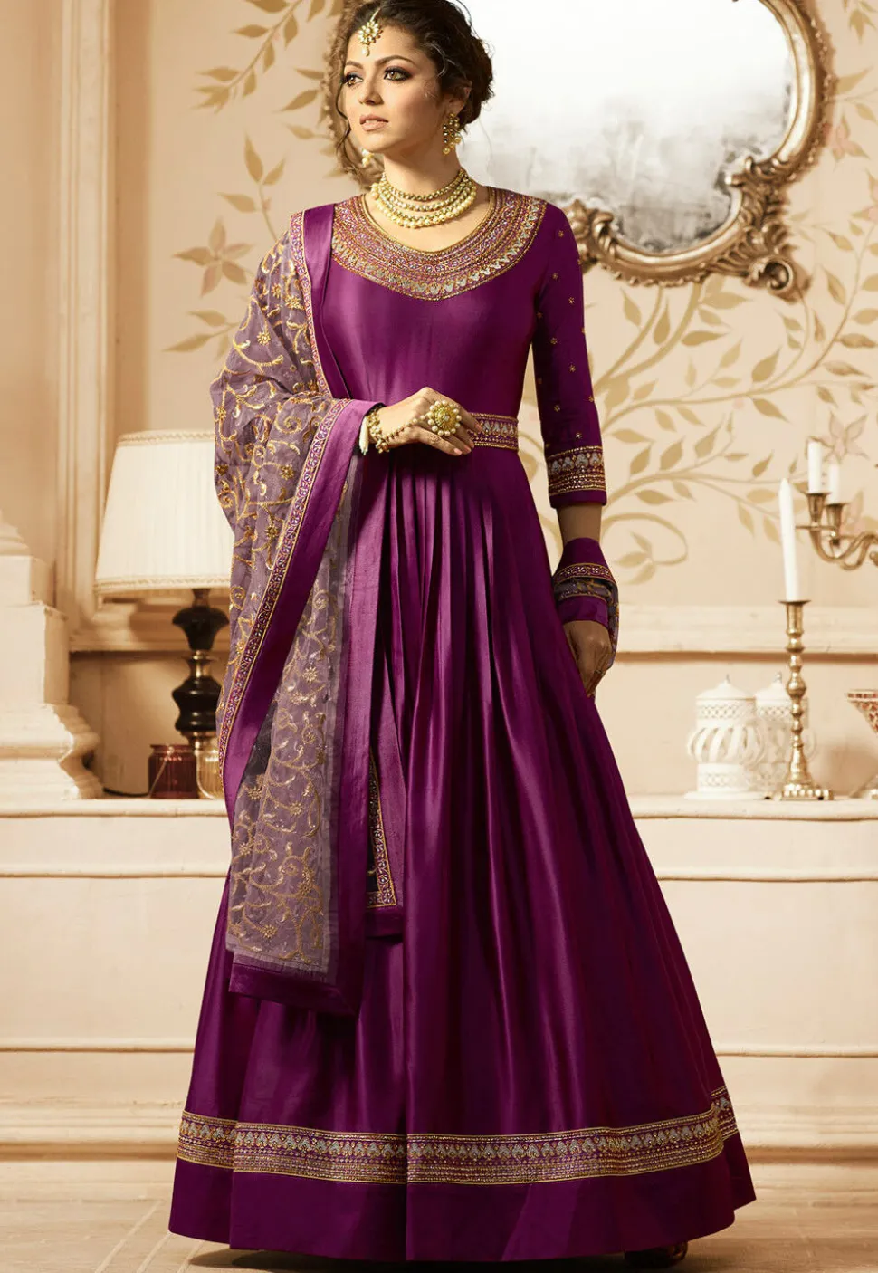 Embroidered Art Silk Abaya Style Suit in Violet