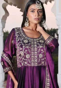 Embroidered Art Silk Abaya Style Suit in Purple