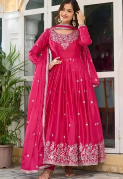 Embroidered Art Silk Abaya Style Suit in Pink