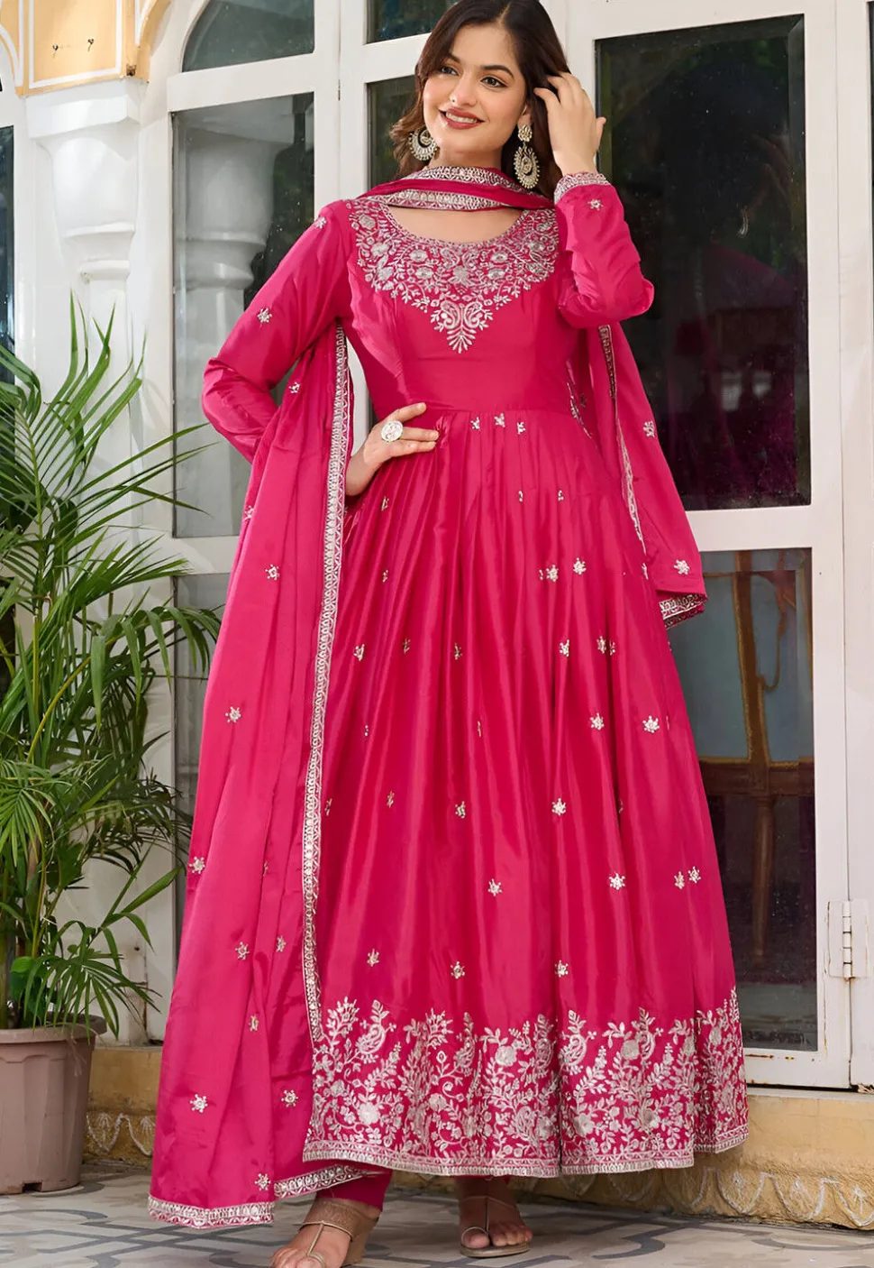 Embroidered Art Silk Abaya Style Suit in Pink