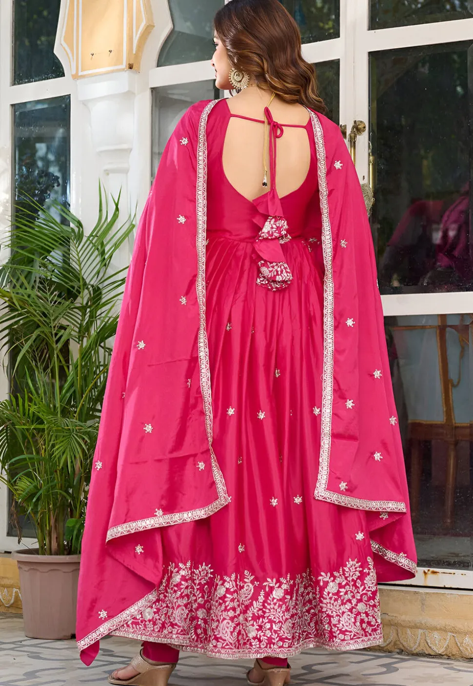 Embroidered Art Silk Abaya Style Suit in Pink