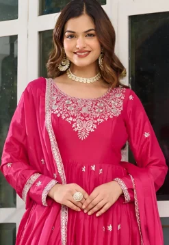 Embroidered Art Silk Abaya Style Suit in Pink
