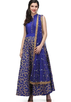 Embroidered Art Silk Abaya Style Suit in Royal Blue