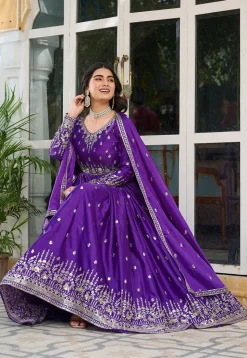 Embroidered Art Silk Abaya Style Suit in Purple