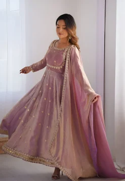 Embroidered Art Silk Abaya Style Suit in Purple