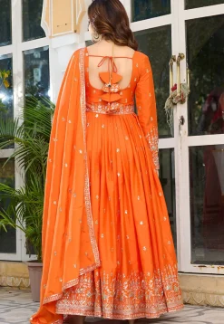 Embroidered Art Silk Abaya Style Suit in Orange