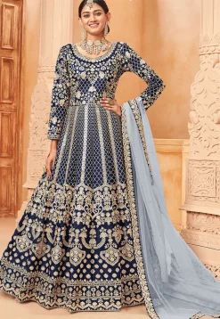 Embroidered Art Silk Abaya Style Suit in Navy Blue