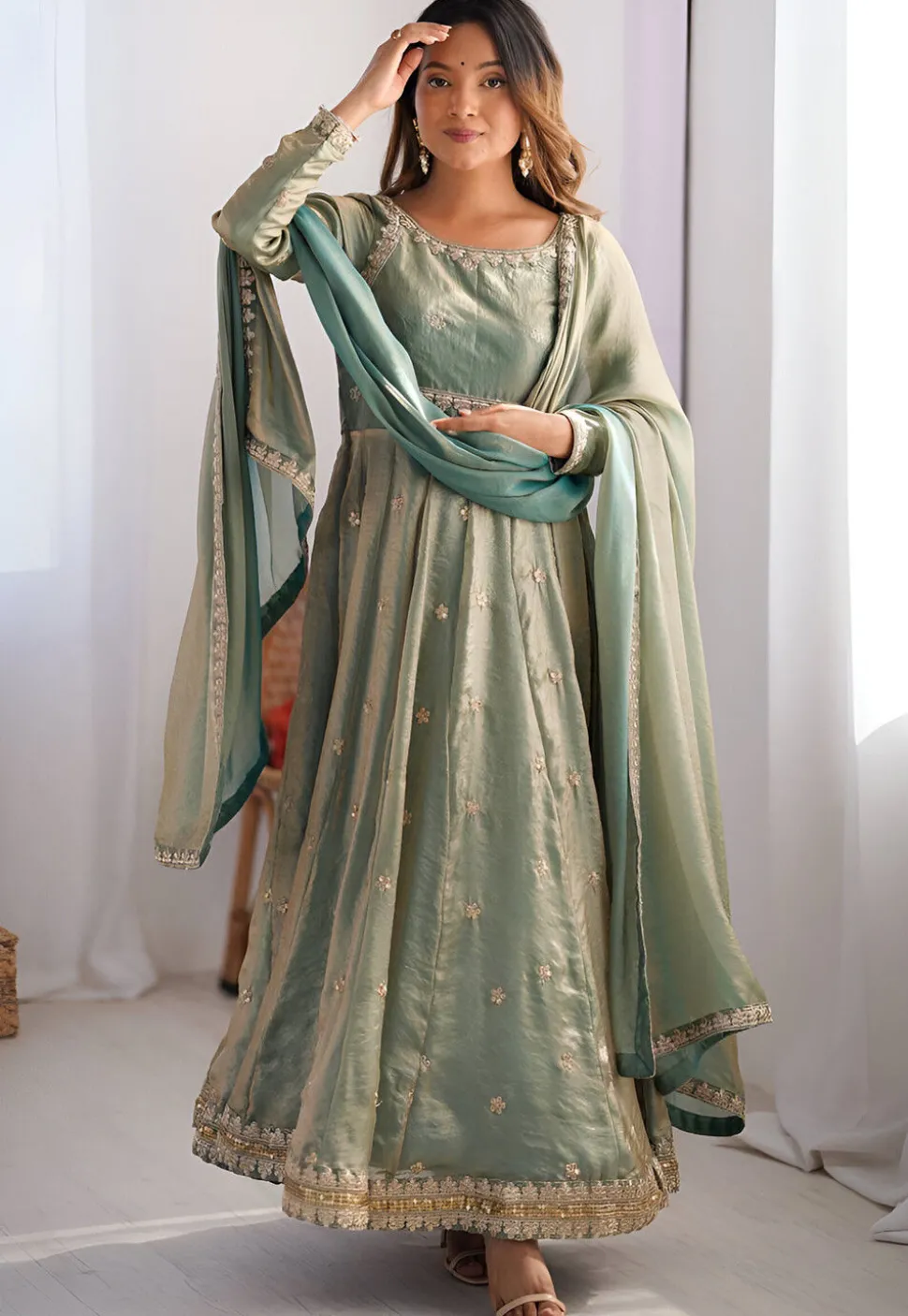 Embroidered Art Silk Abaya Style Suit in Dusty Green