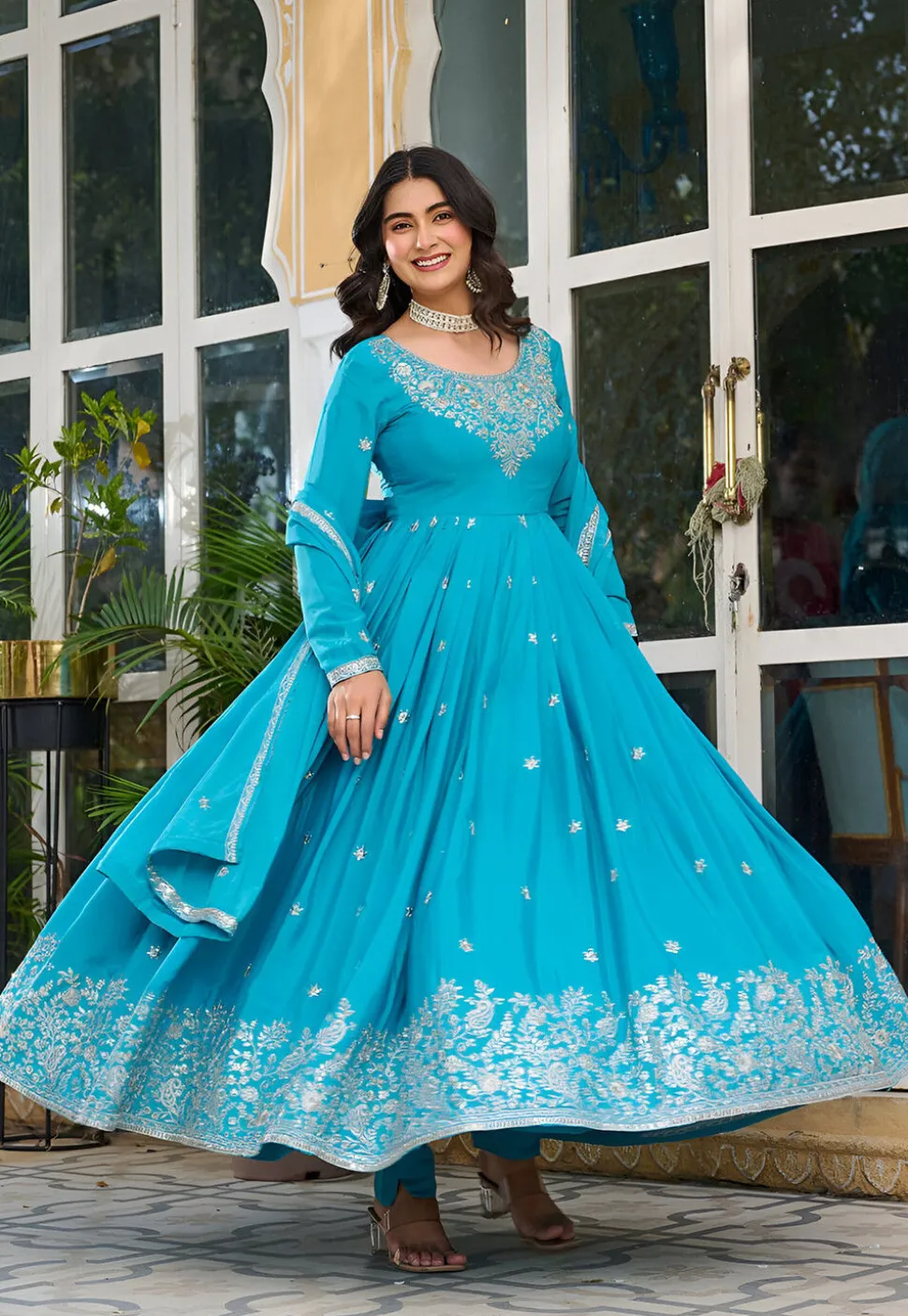Embroidered Art Silk Abaya Style Suit in Sky Blue