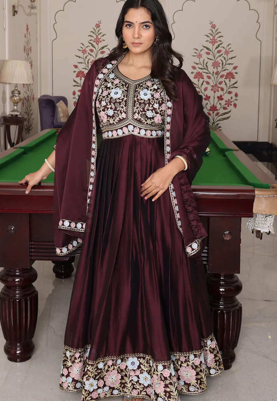 Embroidered Art Silk Abaya Style Suit in Brown