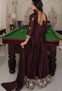 Embroidered Art Silk Abaya Style Suit in Brown
