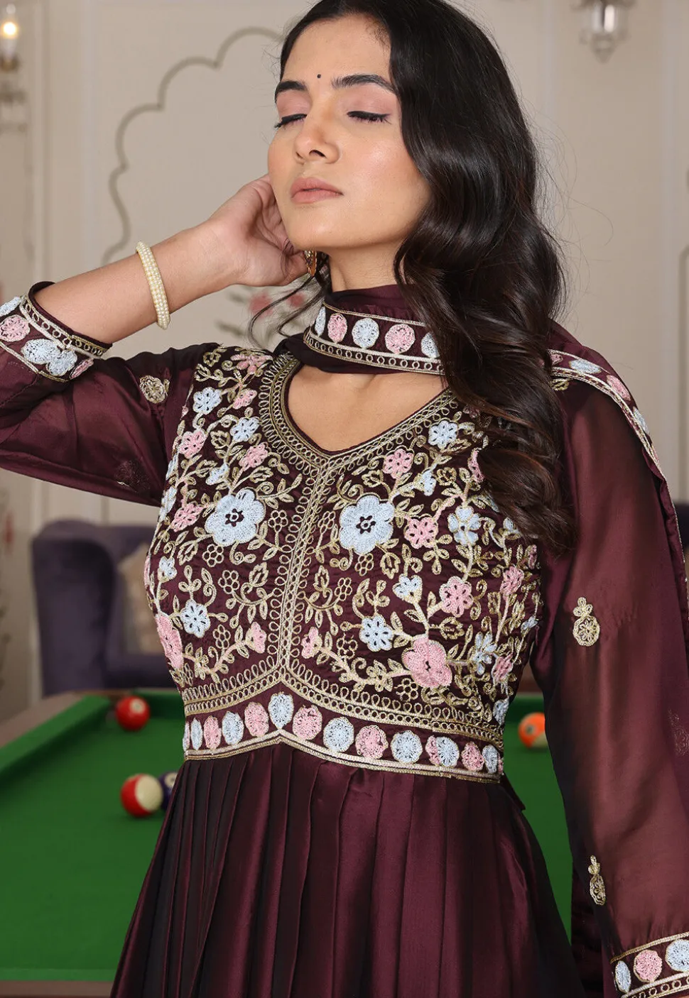 Embroidered Art Silk Abaya Style Suit in Brown