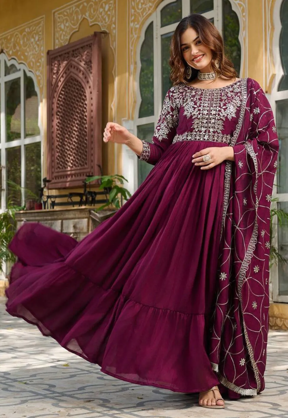 Embroidered Art Silk Abaya Style Suit in Purple