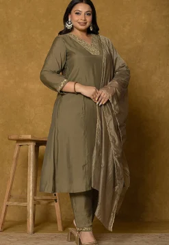 Embroidered Art Silk Aline Suit in Dark Fawn