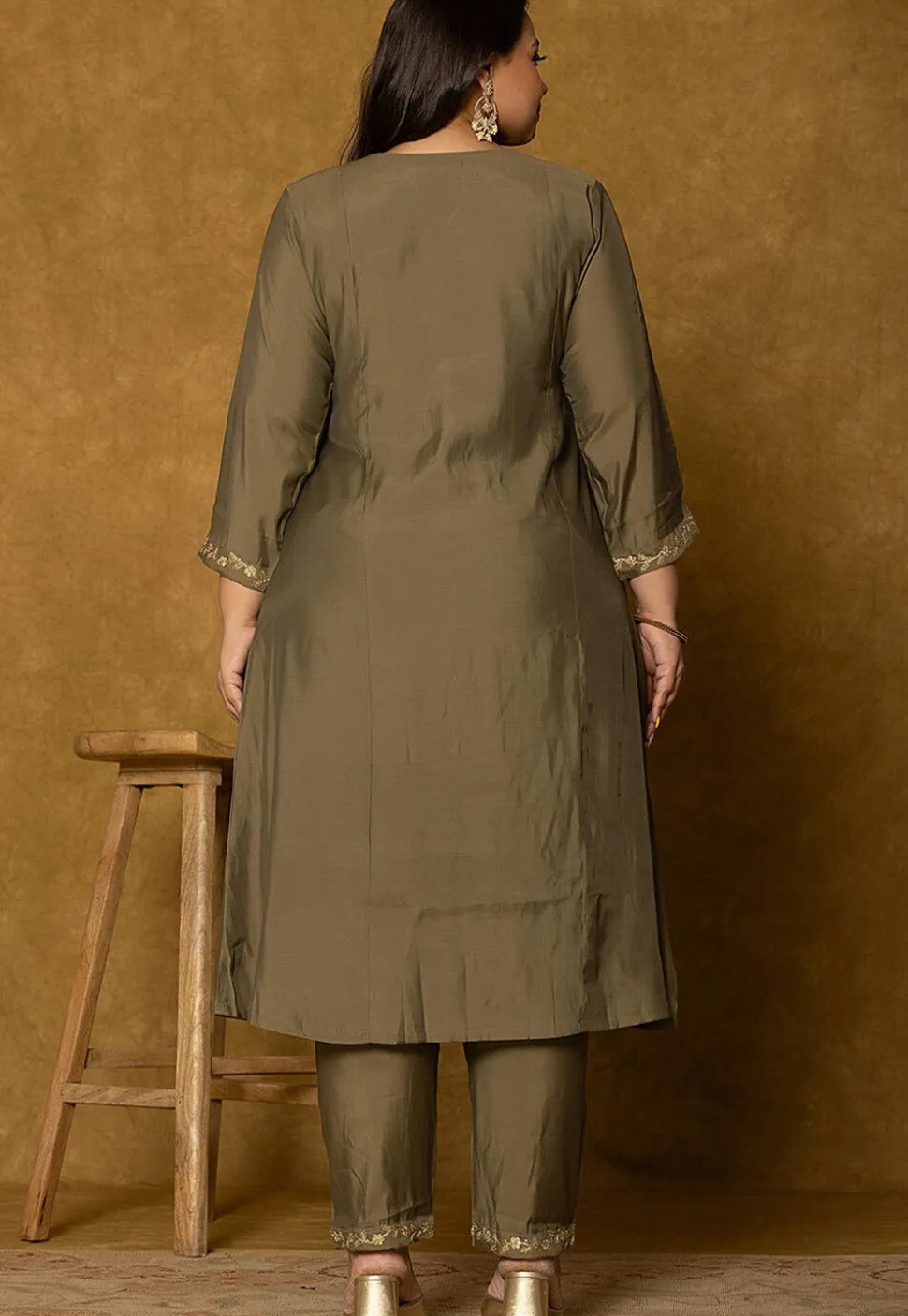 Embroidered Art Silk Aline Suit in Dark Fawn