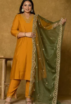 Embroidered Art Silk Aline Suit in Mustard